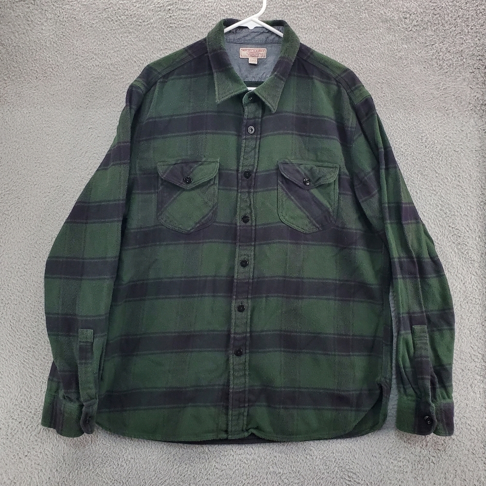 Wallace & Barnes Heavyweight Flannel Shirt Mens Size XL Dark Moss Plaid Green